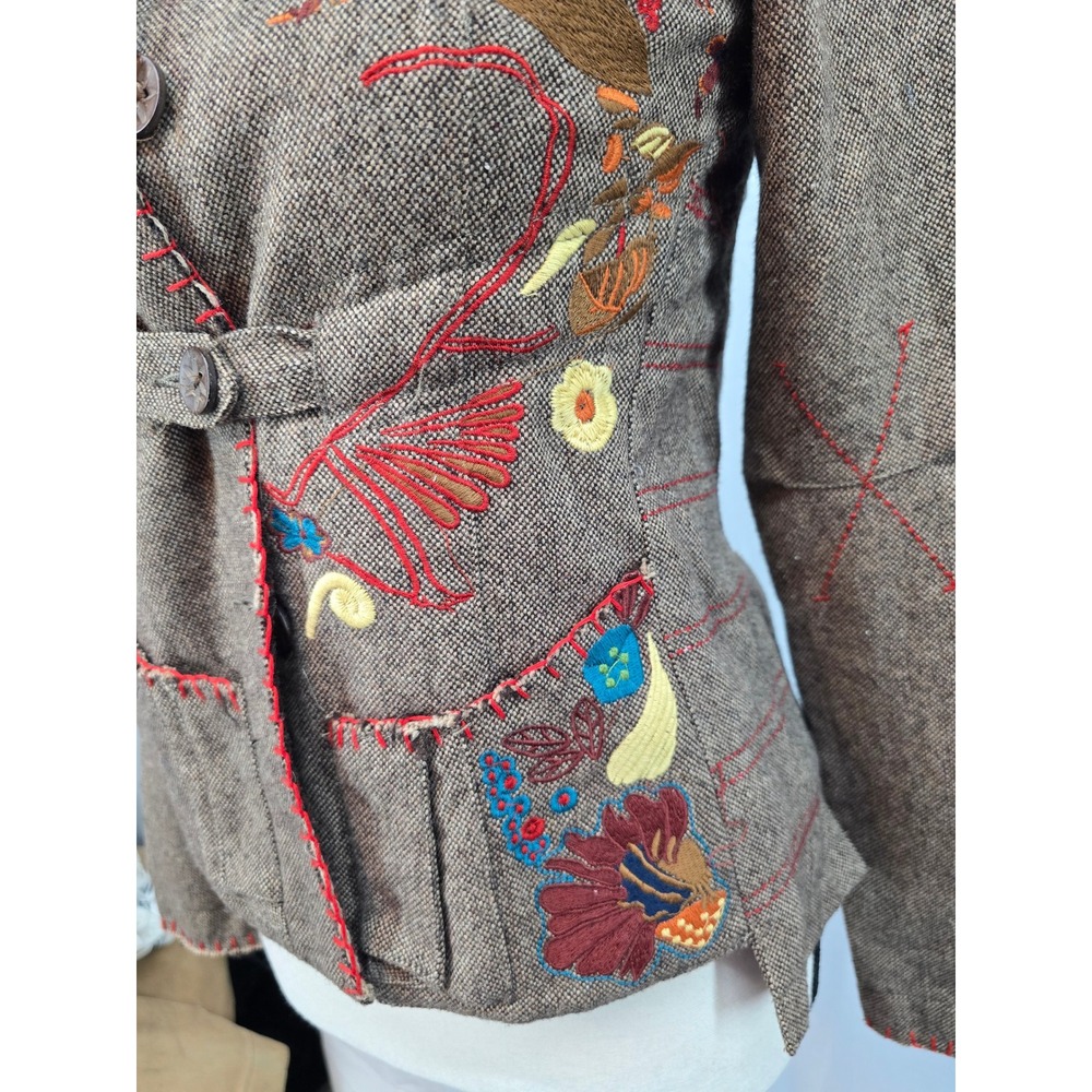 Boho Embroidered Tweed Blazer Brown Wool Blend Floral Bird Jacket Womens Small - Picture 3 of 5